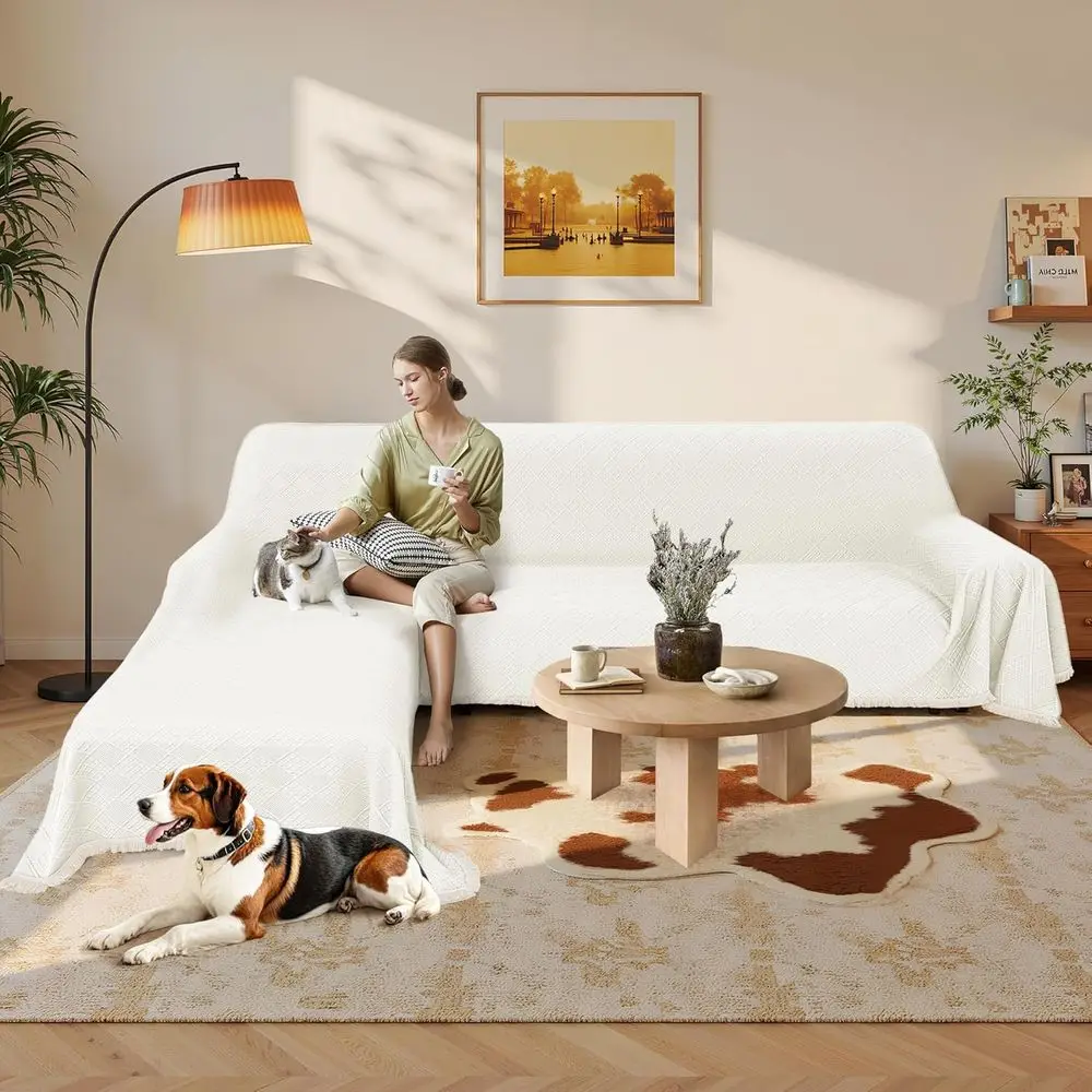 Sarung Sofa Seksional Bentuk L 2 Bagian Anti Air, Berbahan Jacquard Quilted, Dapat Dicuci untuk Anjing dan Kucing, Ekstra Besar, Putih Krem