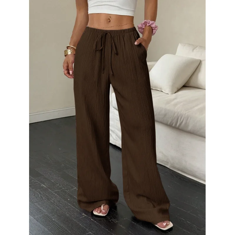New women's casual solid color textured fabric knotted waist diagonal pocket wide-leg pants