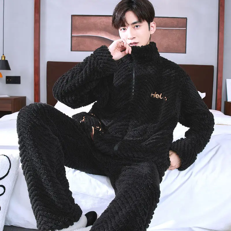 Men's Sleepwear Coral Velvet Autumn and Winter Extra Thick with Velvet Zipper Hipster Flannel Long Sleeve Homewear Set  Pajamas