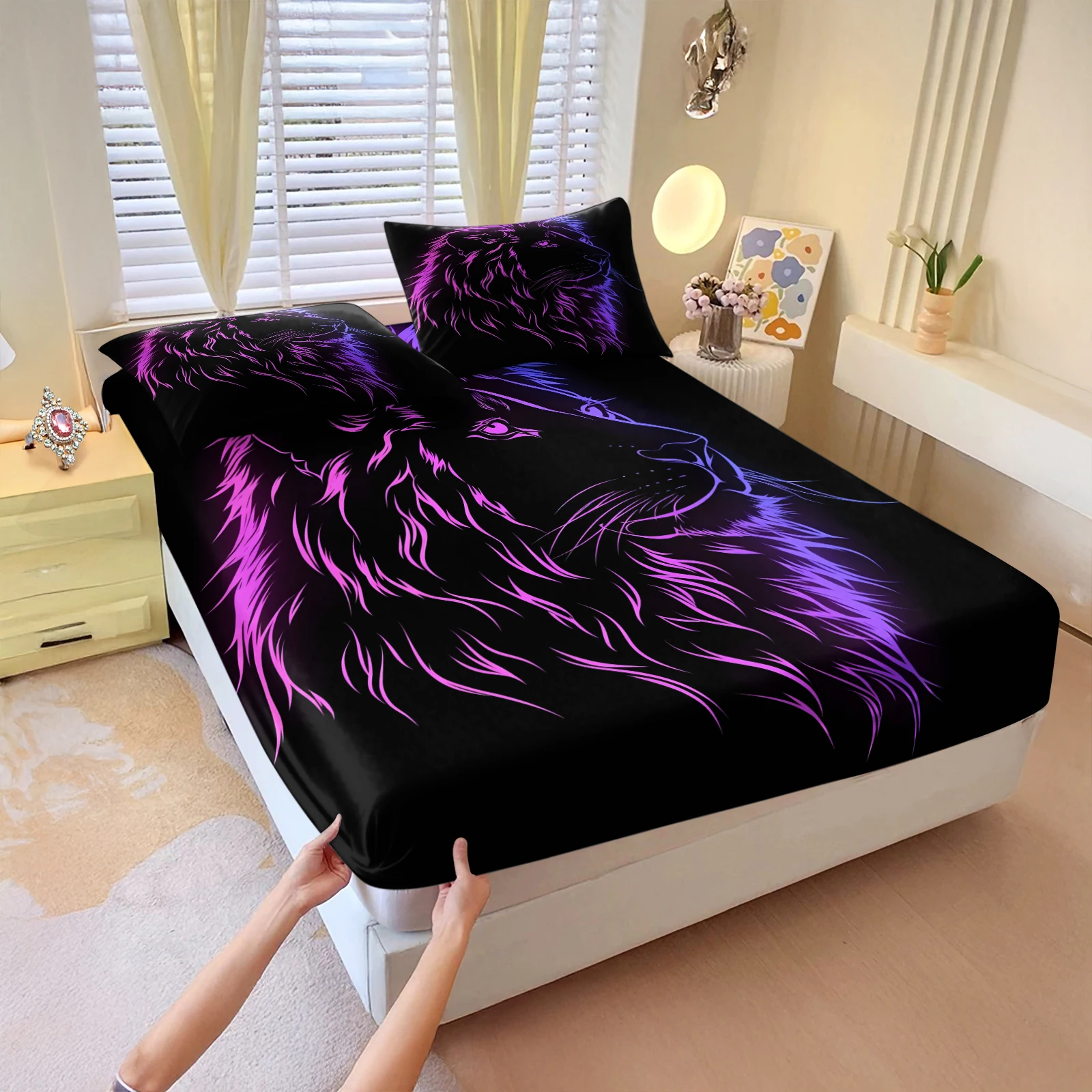 Neon Purple Lion Head Print Fitted Sheet Set 3PCS All Around Elastic Deep Pocket Mattress Cover Non Slip Black Background Animal