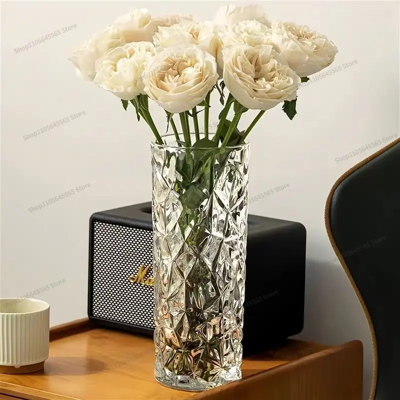 For Light luxury glass vase with flower arrangement, transparent flower vase, straight tube, large diameter