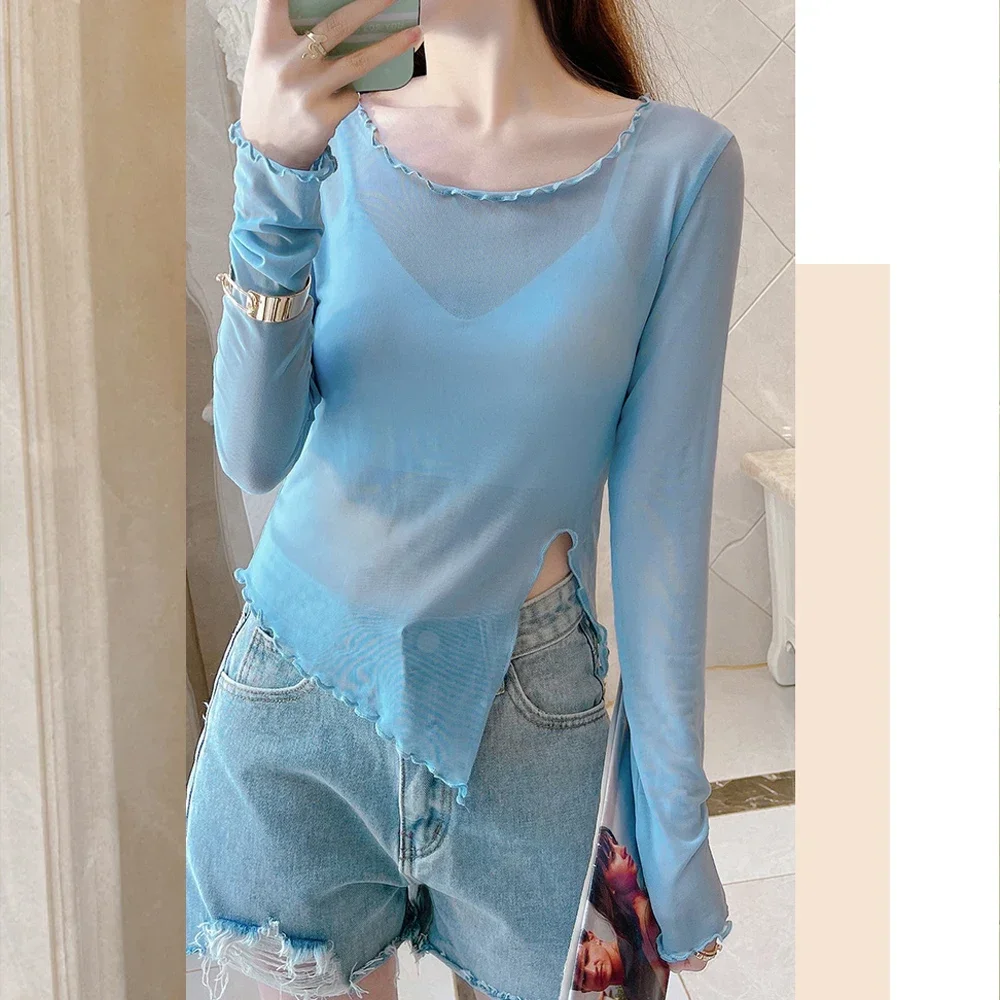 

New Transparent Women Lace Blouse 4 Colors Female Bottoming Blouses S-XL Dance T Shirt Cheaper Tops Kawaii Shirt A RAN A YUE