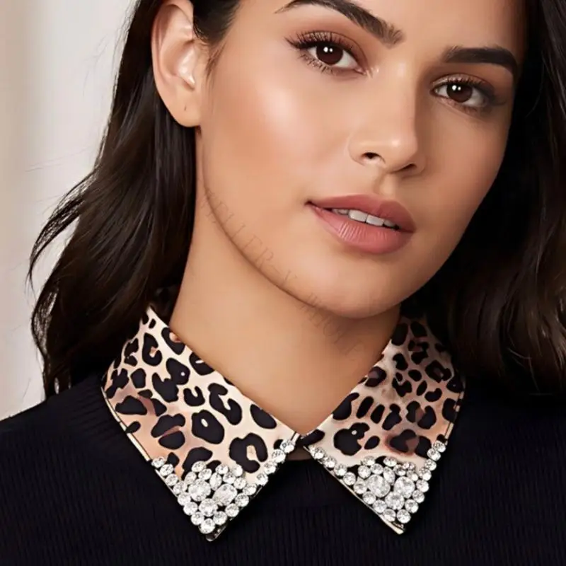 R7UF Unique Leopard Design Fake Collar with Crystal Detail Long Neck Accessories for Women Men Fashion Layering Clothing