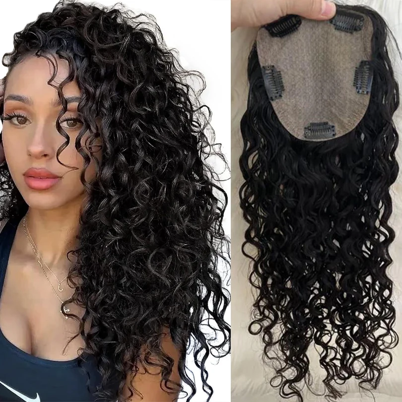 150% Density Curly Human Hair Toppers European Virgin Hair Silk Base Clip in Topper For Women with Thinning Hair Cover Gray Hair