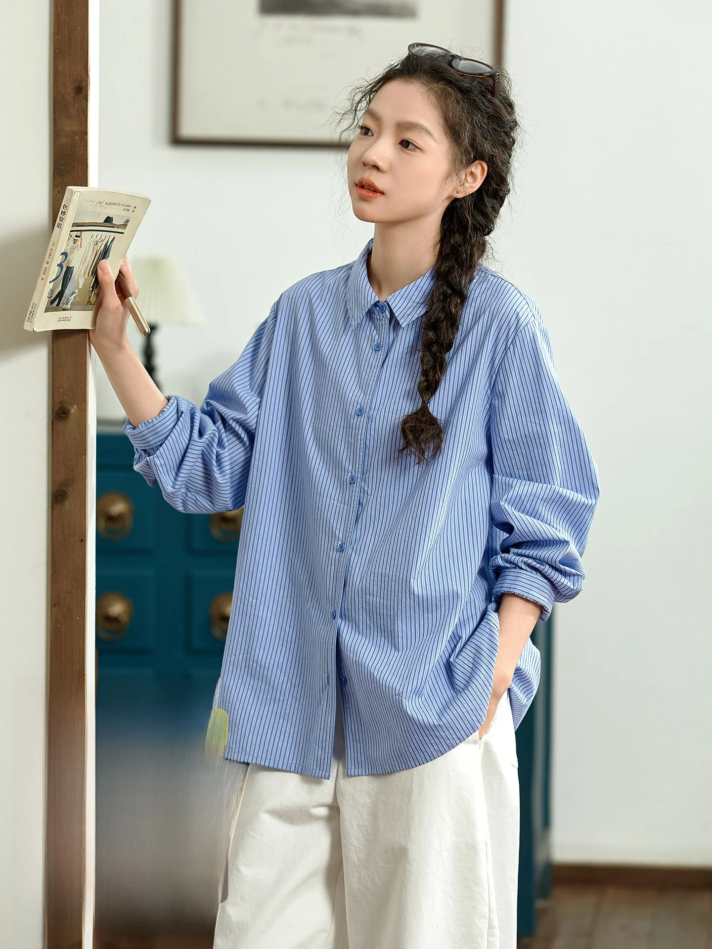 

Original Japanese Style Pure Cotton Blue Striped Casual Shirt Women's Long Sleeve Turn-down Collar Spring Top Breathable Comf...