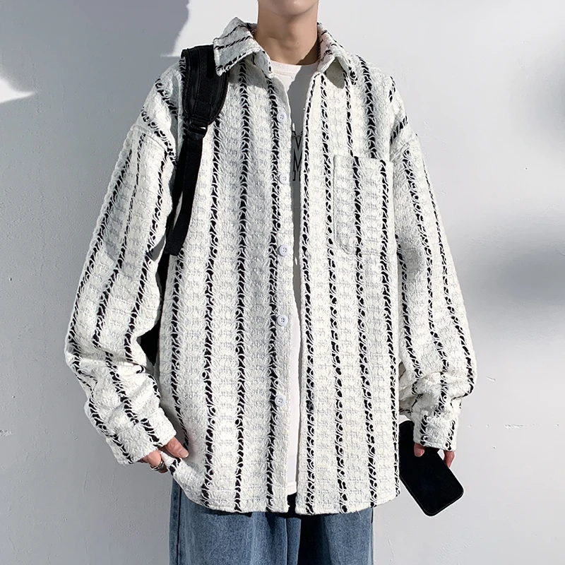 

Loose Fit Men's Jaet Vertical Stripes Long Sve Retro Cool High End Feeling Autumn Spring Faion Outerwear irt