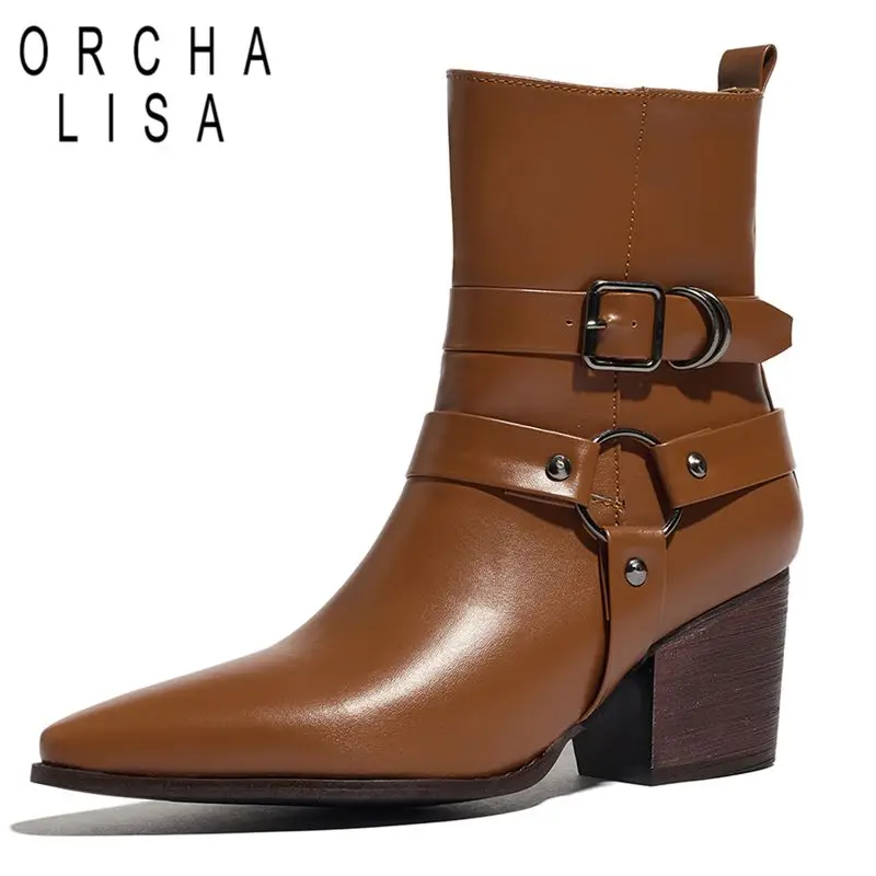 

ORCHA LISA 2026 Модные новые женские ботильоны с острым носком на массивном каблуке 6,5 см с застежкой-молнией и пряжкой на ремне, большие размеры 41 42 43 Dating Bota