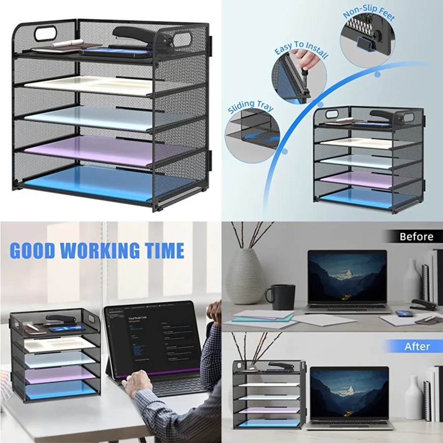

5 Trays Paper Organizer Letter Tray with Handle-Mesh Desk File Holders, Paper Sorter Desk Organizer for Office, Home, Classroom
