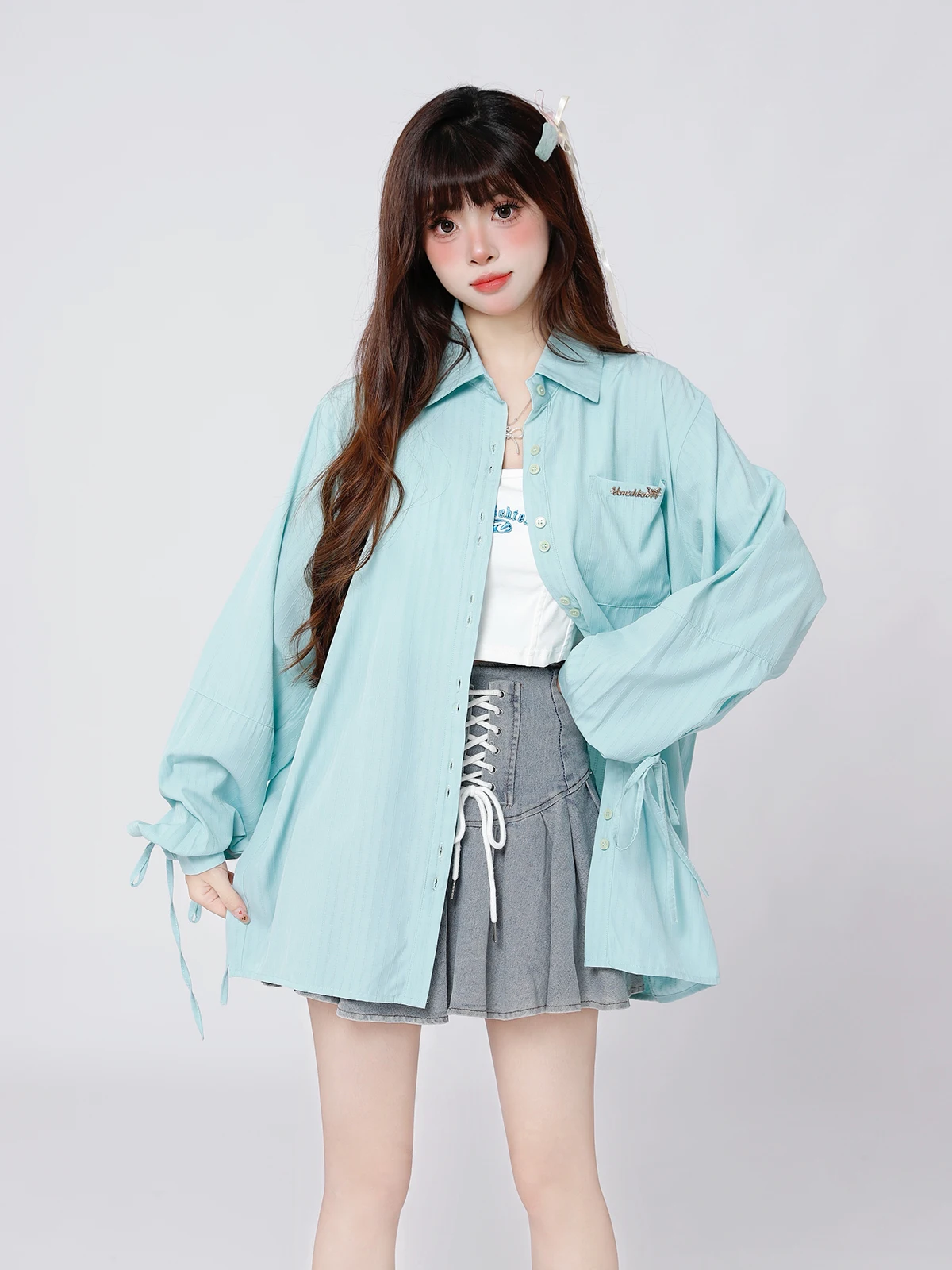 

ENJOG 2024 Новая женская свободная рубашка с длинным рукавом Mint Wave, универсальная, с защитой от солнца, с поясом, стандартной длины