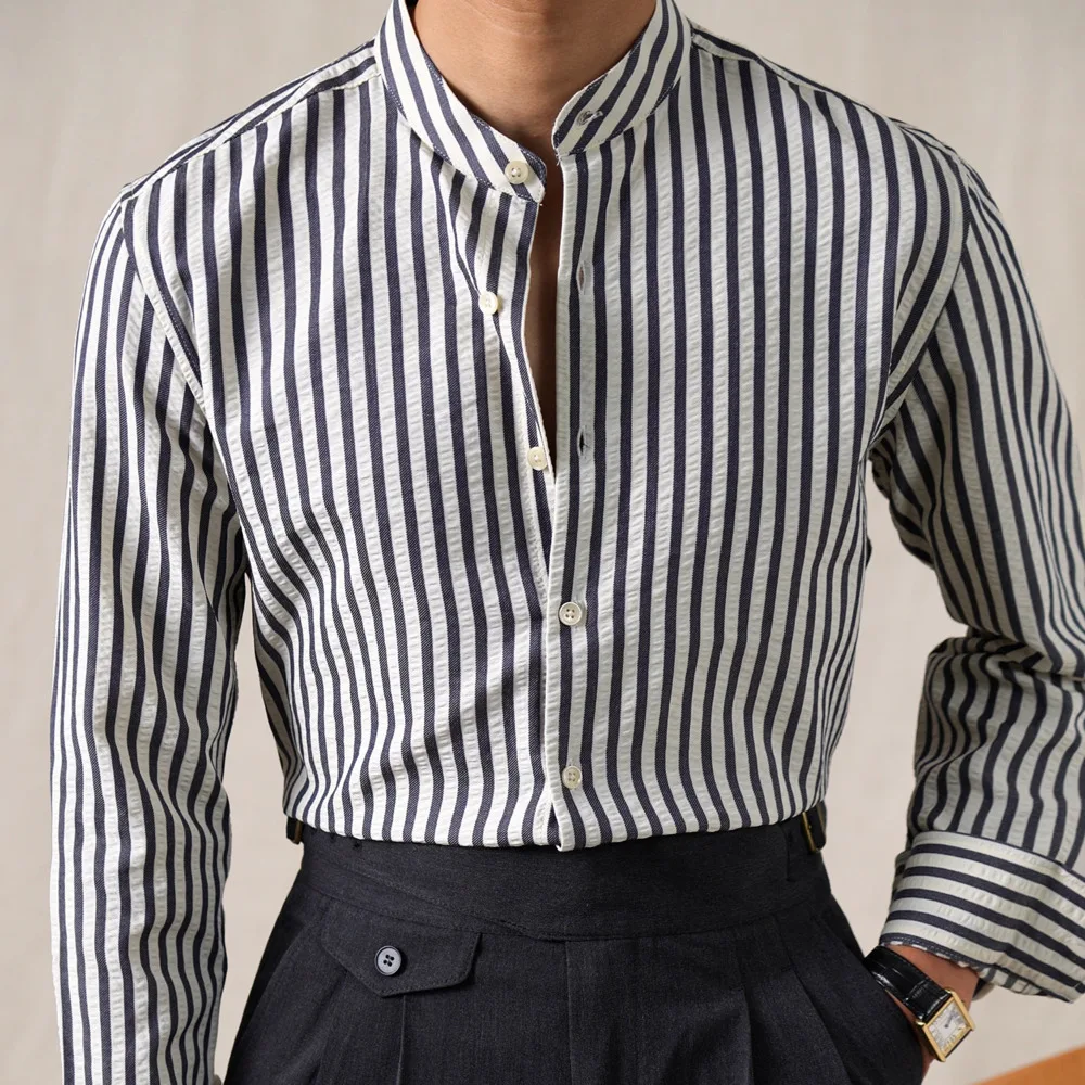 

Мужская рубашка с воротником-стойкой и длинным рукавом из дышащей хлопковой смеси с эффектом пузырьковой пряжи, весна 2026, для делового повседневного стиля, Camisas Para Hombre