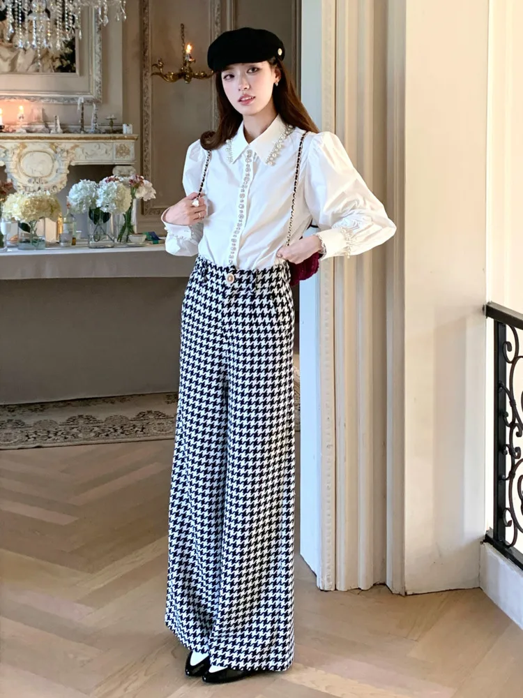 High Quality French Two Piece Pant Sets For Women Luxury Diamond Binding Beads Shirt + Wide Leg Pants Suits Conjuntos Femininos