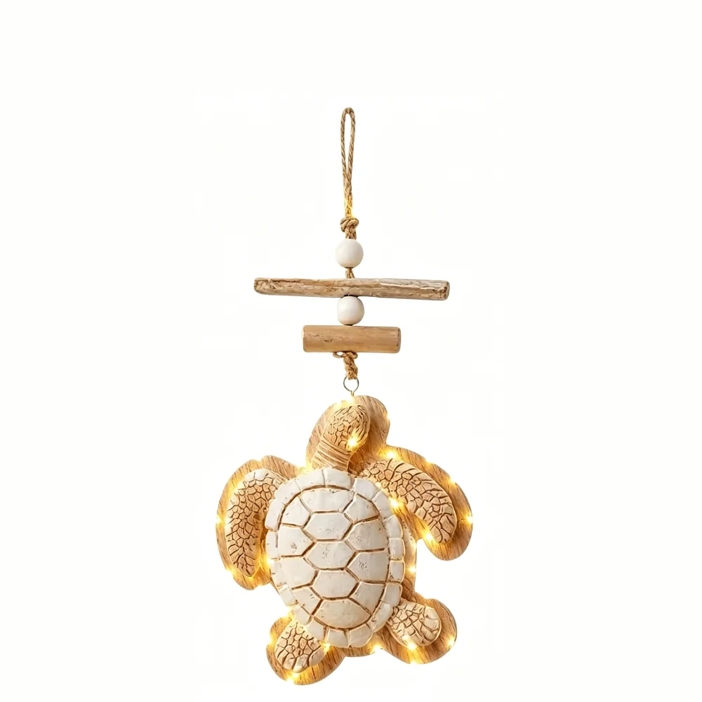 Wooden Resin Sea Turtle Hanging Decor Vintage Rustic Coastal Wall Ornament Driftwood Lighted Wooden Turtle Pendant Living Room