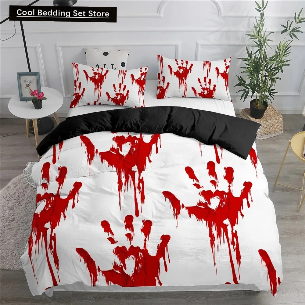 

Halloween King Queen Duvet Cover Horror Blood Hand Bedding Set for Teens Scary Red Blood Stains 3pcs Polyester Quilt Cover