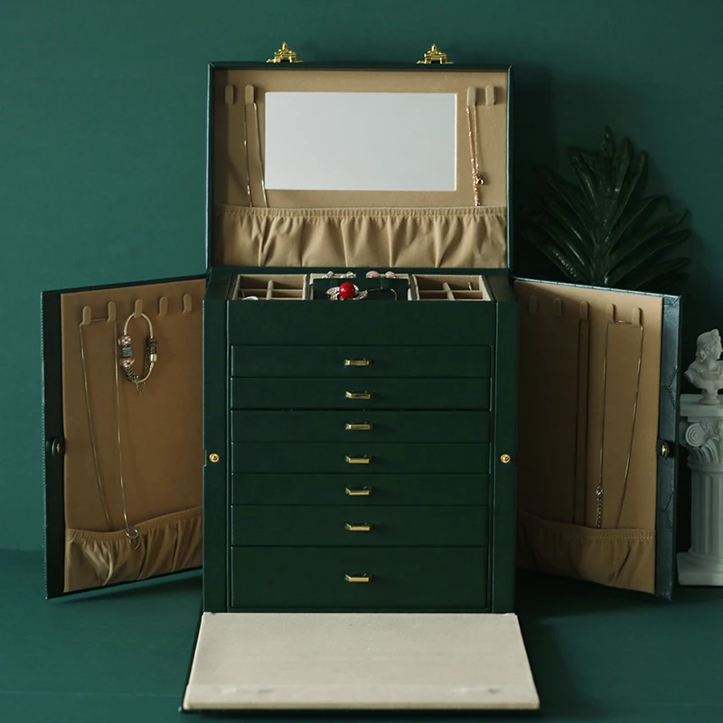 Large Capacity PU Jewelry Organizer Box Mirrored with Security Code Lock Jewelry Storage Display Collection for Birthday