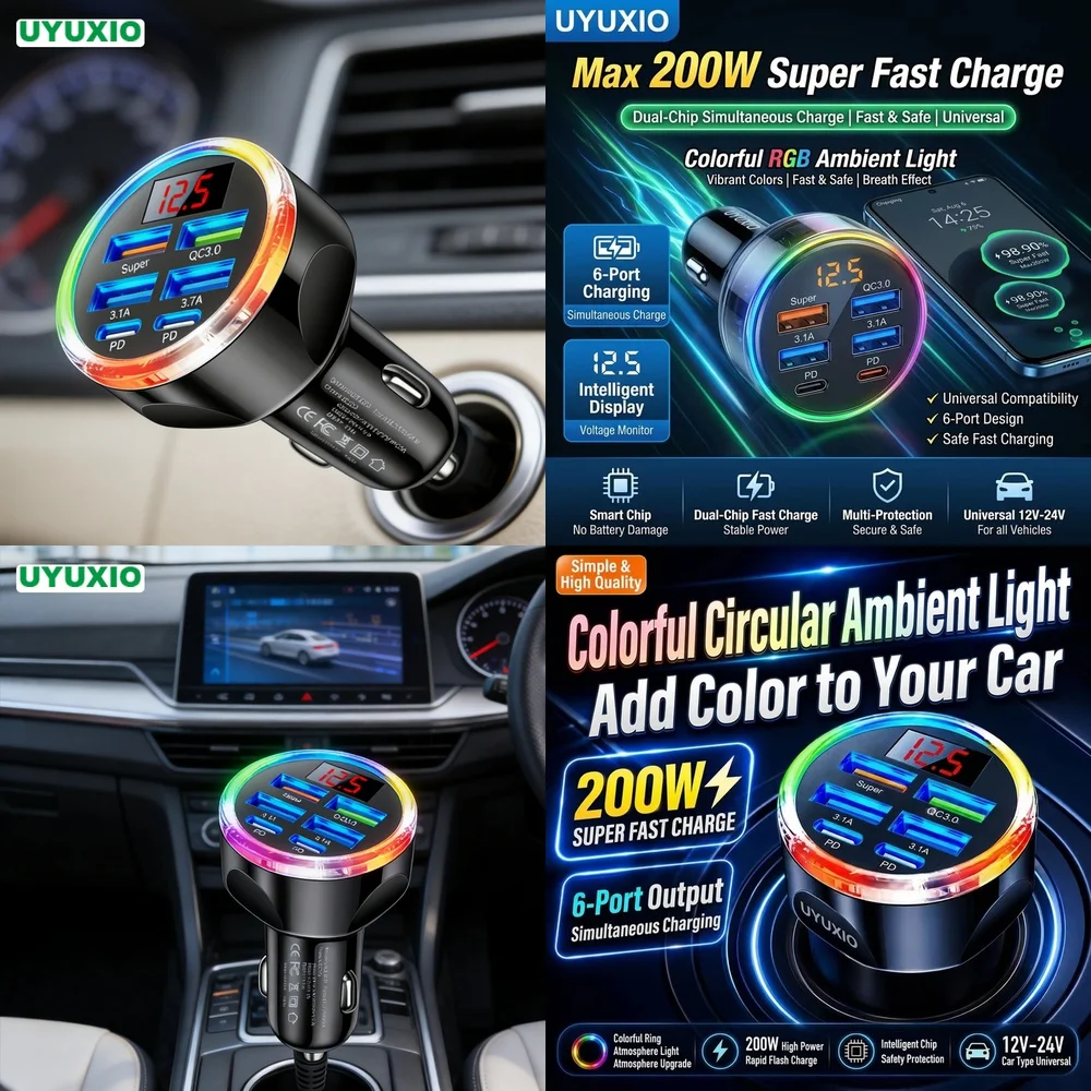 Universal 6 Ports Car Charger Hub New Products 2026 for iPhone 18 17 16 Samsung S26 S25 S24 with LED Digital Voltage Monitor Hub