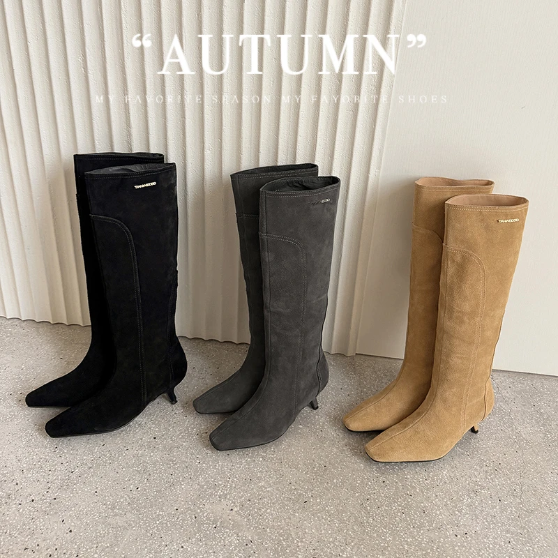 2026 new autumn winter women knee-high boots 22-25cm cowhide+satin+pigskin square toe high heel women long boots modern boots
