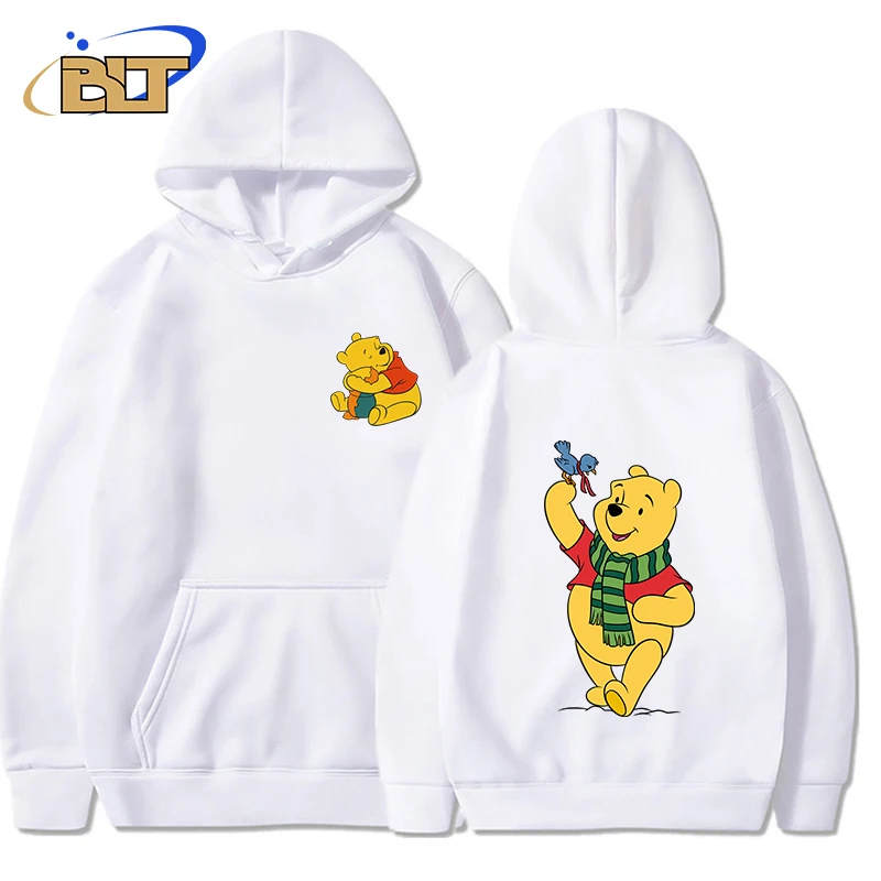 Pooh Bear Printed Men's Autumn and Winter Hoodie Plus Velvet Sports Sweater White Loose Top