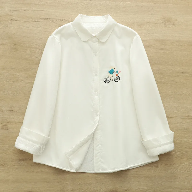 جديد 2025 الخريف قميص قطني بكم طويل الصوف ، المرأة بدوره إلى أسفل طوق التطريز ، موري فتاة الدافئة لطيف بلوزة فضفاضة T59822CC