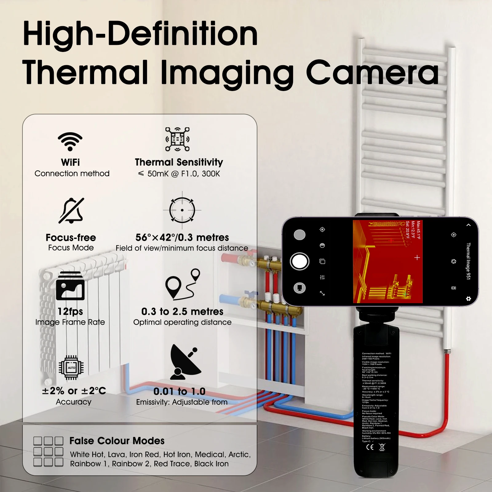 赤外線カメラ、iOS/Android用サーマルカメラ 1024x768可視画像解像度 HP-951B アプリ付きサーマルイメージング、Type-C