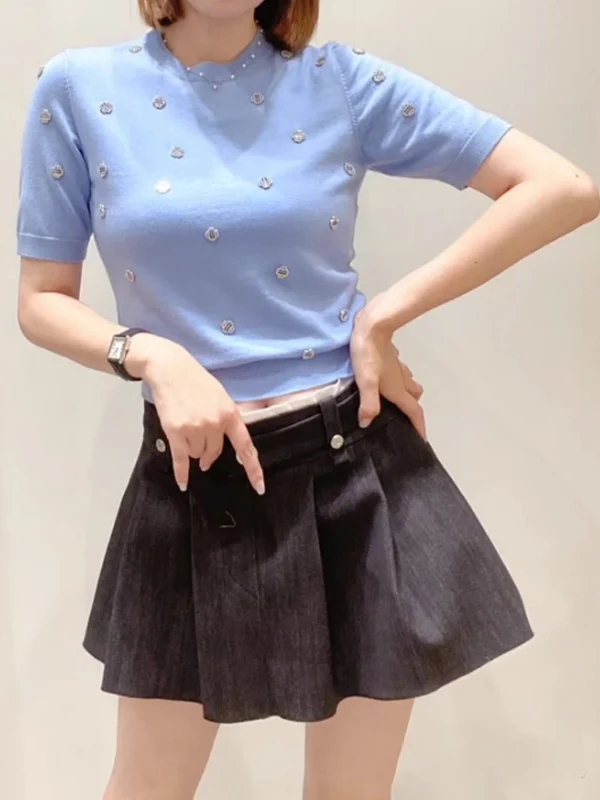 

Summer Short Sleeve round Neck Knitted Top Women's Fashion Commute Style DBNY Multi-Change Girlfriend M-2023 Leaf Decor Diamond