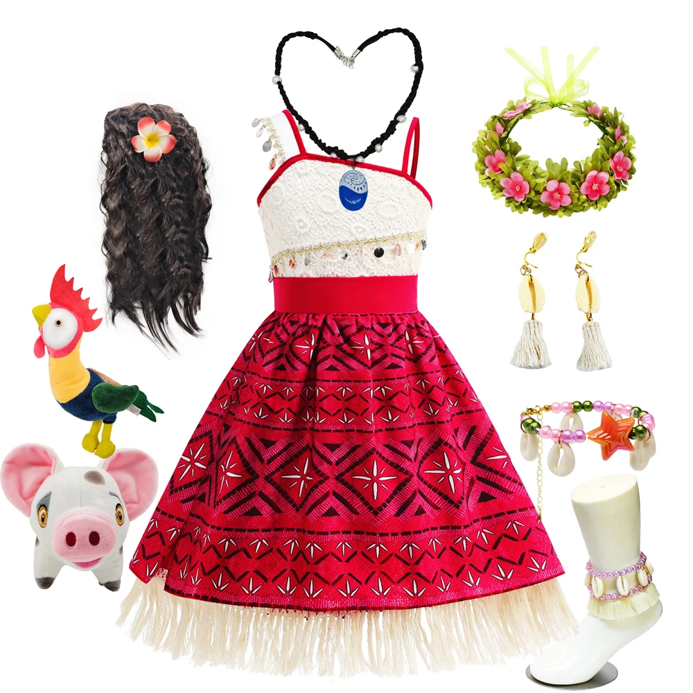 Moana New Dress Girls Princess Clothes Kids Dress Up Necklace Pig Chick Children Carnival Halloween Party Summer Costume Set