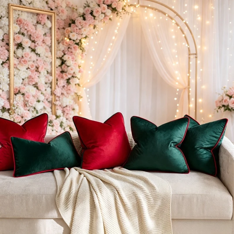 2-Piece Luxury Velvet Cushion Cover Elegant Red Green Throw Pillow Case with Contrast Piping Romantic Wedding Backdrop Decor