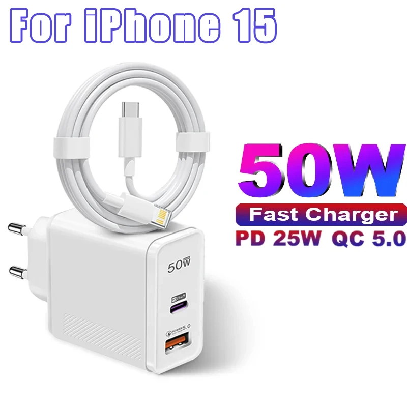 For Apple 2 IN 1 50W PD USB Super Fast Charging For iPhone 15 14 13 12 11 Pro Max XR XS X 8 Plus Samsung USB Type C Charge Cable