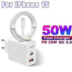 For Apple 2 IN 1 50W PD USB Super Fast Charging For iPhone 15 14 13 12 11 Pro Max XR XS X 8 Plus Samsung USB Type C Charge Cable