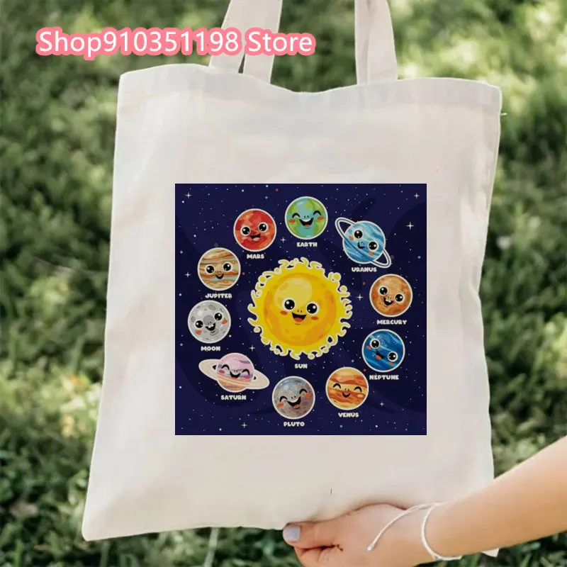 Solar System Planets Canvas Tote Bag for Women 2024 Designer Handbag Lady's Shopper Retro Cartoon Print Girls Shoulder Bag image 3
