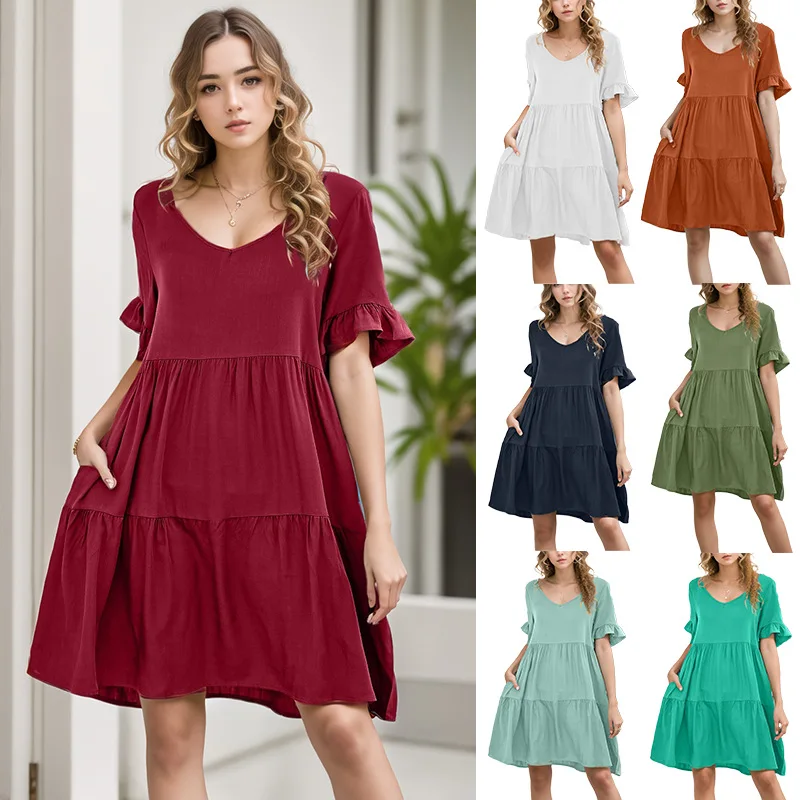 Novo feminino europeu americano verão casual com decote em v babydoll vestido babados de três camadas