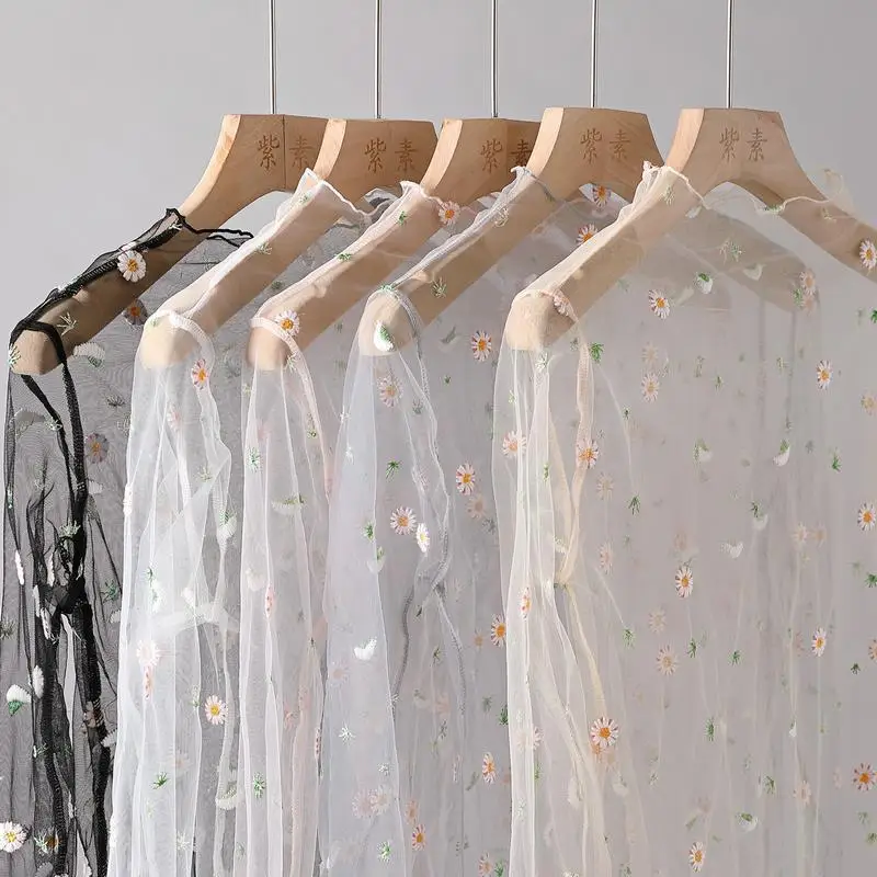 

2026 New Summer Women's Long Sleeve T Shirt With Small Daisy Embroidery Mesh Sheer Protection Top Embroidery Inner Base Shirt