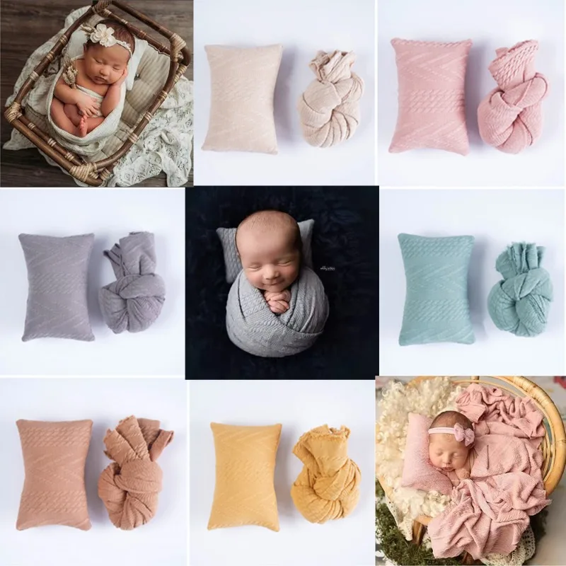 Baby Photo Shooting Accessories Casual Simple Knitted Twist Soft Elasticity Blankets+ Pillow 2pcs/set Infant Photography Props