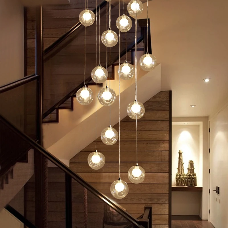 Modern staircase chandelier lighting fixtures Glass bubble ball Chandelier Stairwell Hotel Livingroom Long Chandelier Lighting