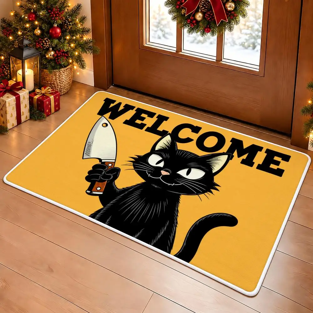 Knife Cat Welcome Floor Mat Soft Flannel Floor Mat Cloud Feel Non-slip Bath Rug Machine Washable Foam Carpet Door Mat
