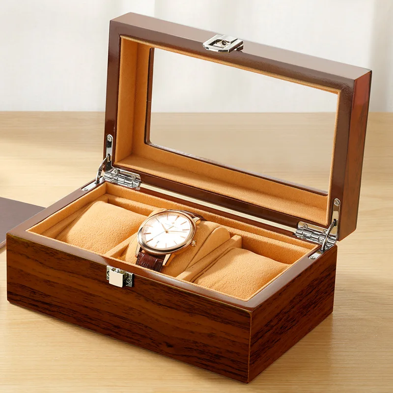 Black Luxury Wood Grain Watch Box 3 Slots Men Quartz Mechanical Watch BoxesCollection Storage Box