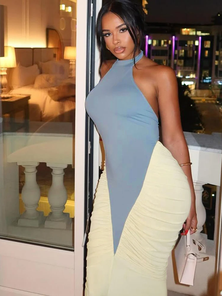 Halter retalhos vestidos femininos high street elegante shirring sem costas sem mangas em linha reta maxi bodycon mujer banquete vestido