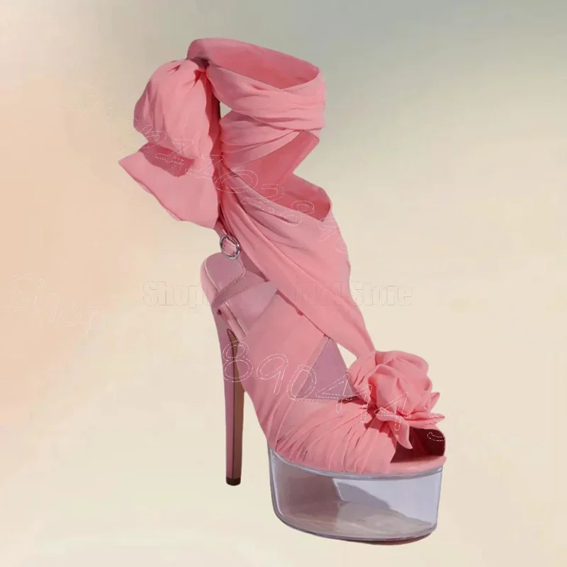 

Pink Mesh Knitted Flower Clear Platform Sandals Lace Up Women Shoes Thin High Heels Peep Toe New Party 2025 Zapatos Para Mujere