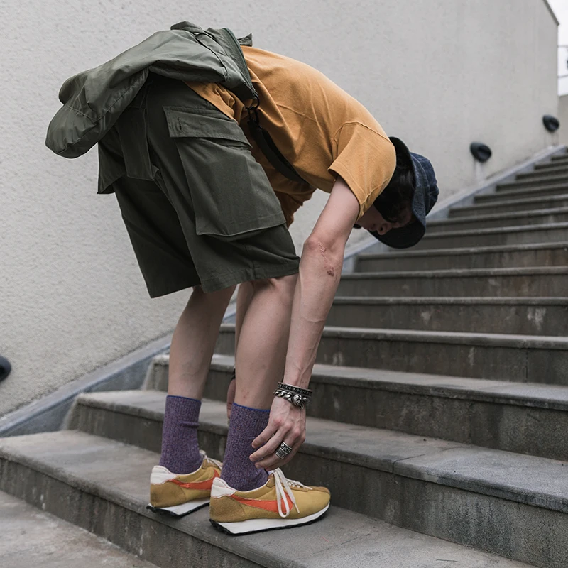 شورت قطني طويل متعرج جديد مع جيوب متعددة شورت أخضر جيشي للرجال #6