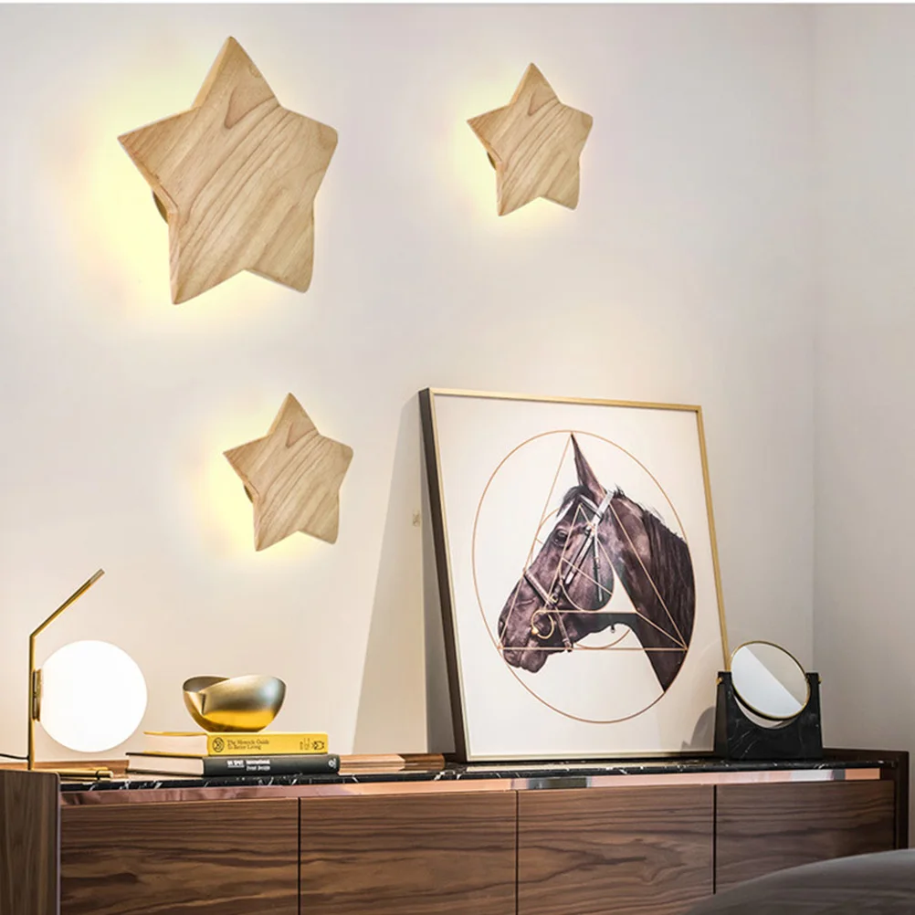

Wooden Star Light Kids Bedroom Decor Cartoon Shape Kids Wall Lights Bedroom Natural Wood Shade Warm LED Home Lighting Indoor