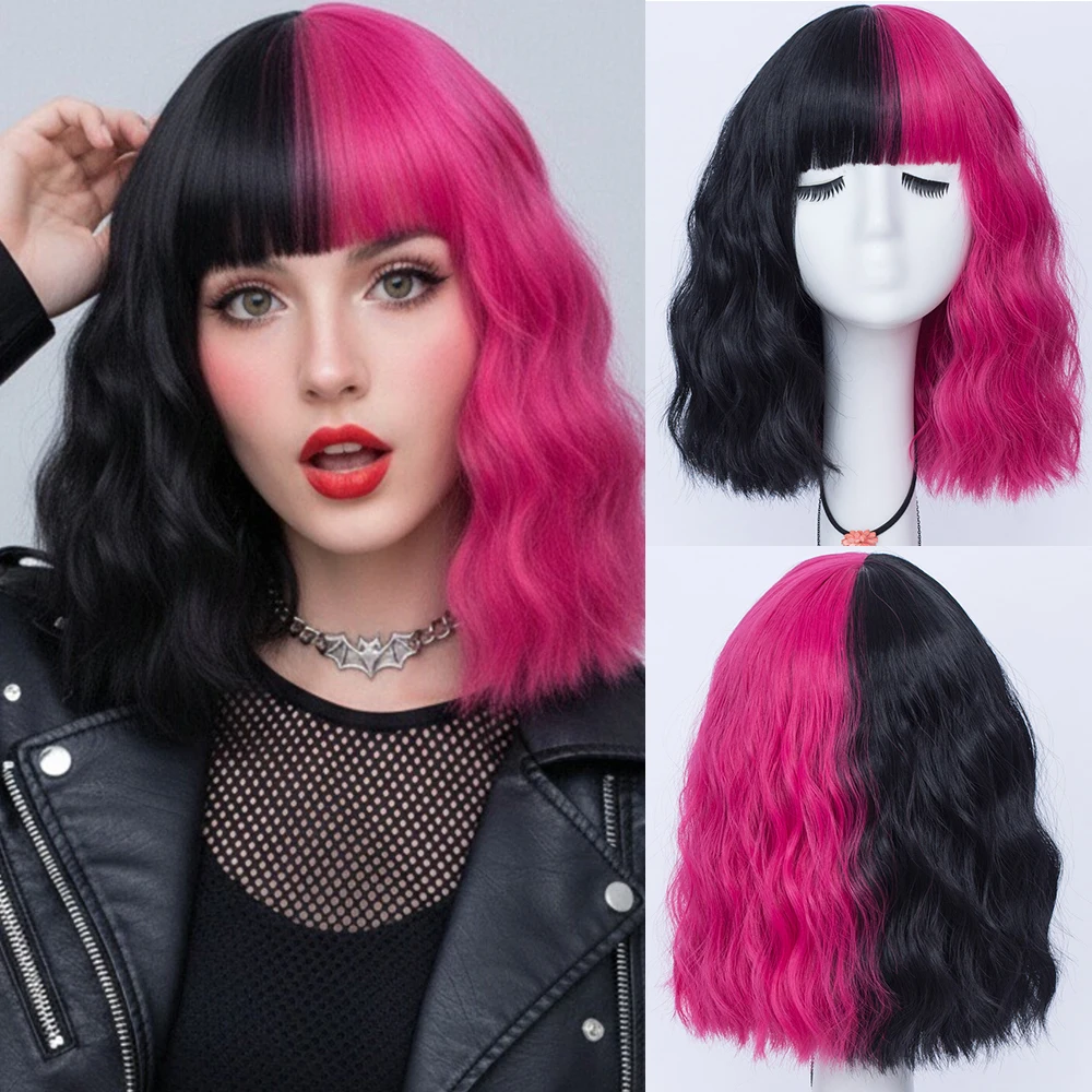 

Синтетический волнистый парик-полукачок средней длины (красный с черным) с челкой для аниме-косплея и вечеринок на Хэллоуин, искусственные волосы