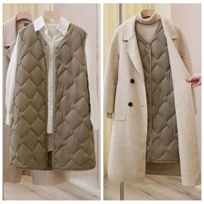 Gilet en duvet Du léger et chaud pour femme, gilet matelassé mi-long, blanc 90%, remplissage en duvet, fin, automne et hiver