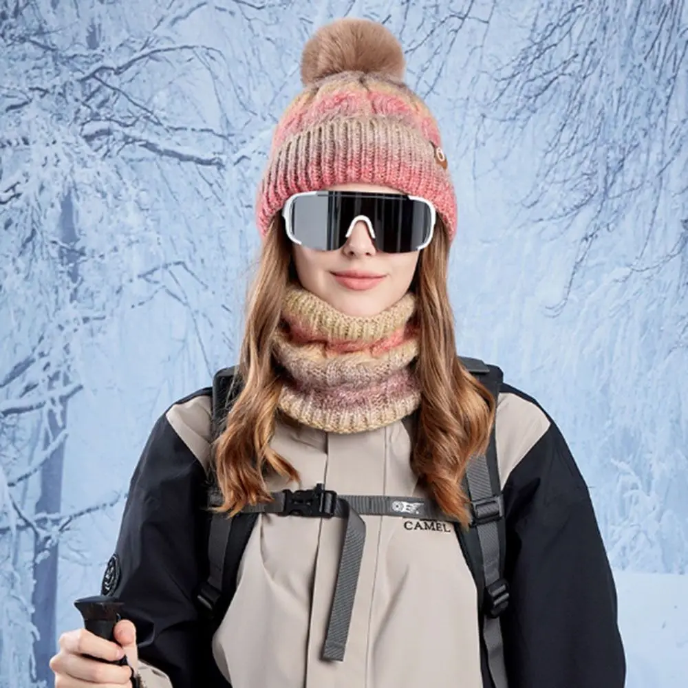 Gradient Color Knitted Hat Scarf Set Cold-proof Thickened Beanies Caps Windproof Winter Warm Ear Protection Cap for Woman