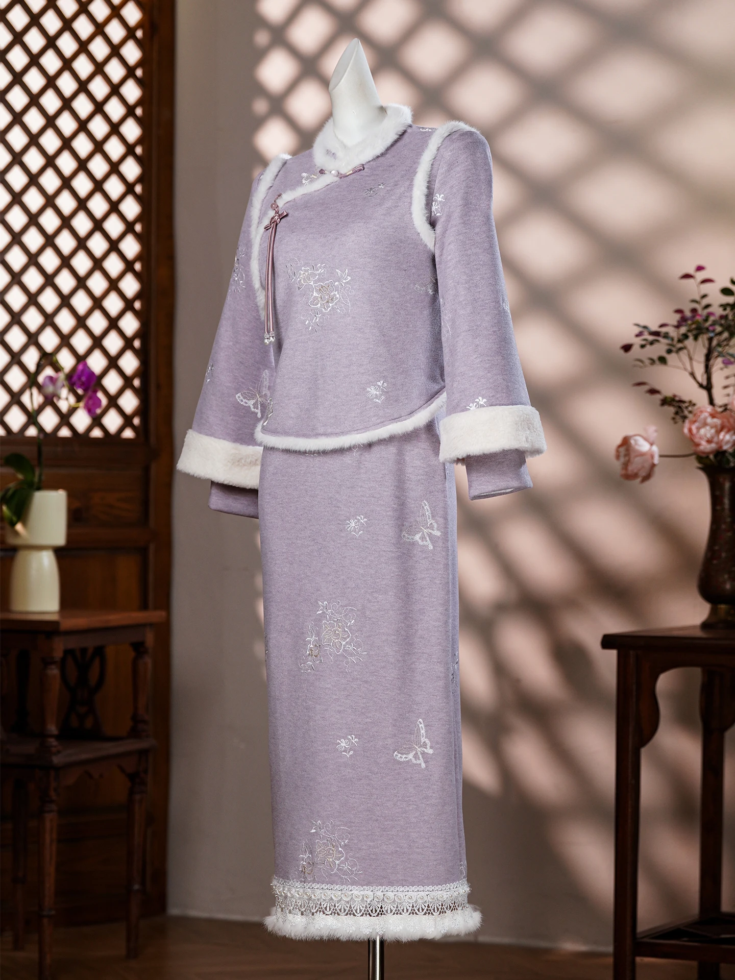 طقم رداء شتوي بنفسجي من الصوف السميك، تصميم صيني جديد، للارتداء اليومي، أنيق وبسيط، وصول جديد 2025، رداء طويل