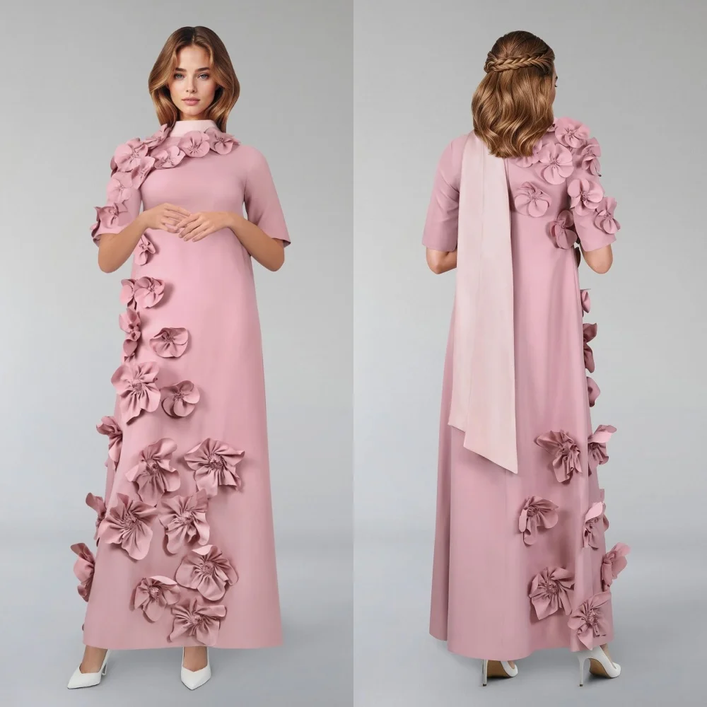 

Customized Formal Jersey Pleat Flower A-line High Collar Midi Dresses Bespoke Occasion Dresses Classic Exquisite Modern Style Pa