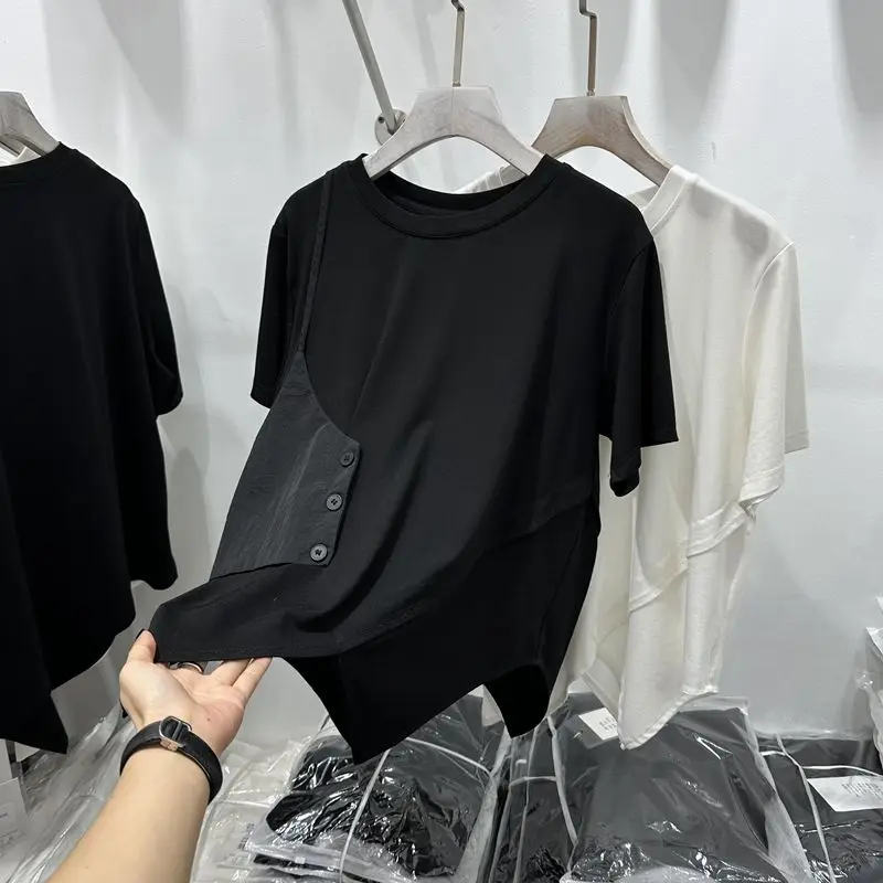 

Women Clothing Summer Korean Trendy Patchwork Asymmetrical Chic T Shirt Female Casual O Neck Short Sleeve Loose Tops Vintage