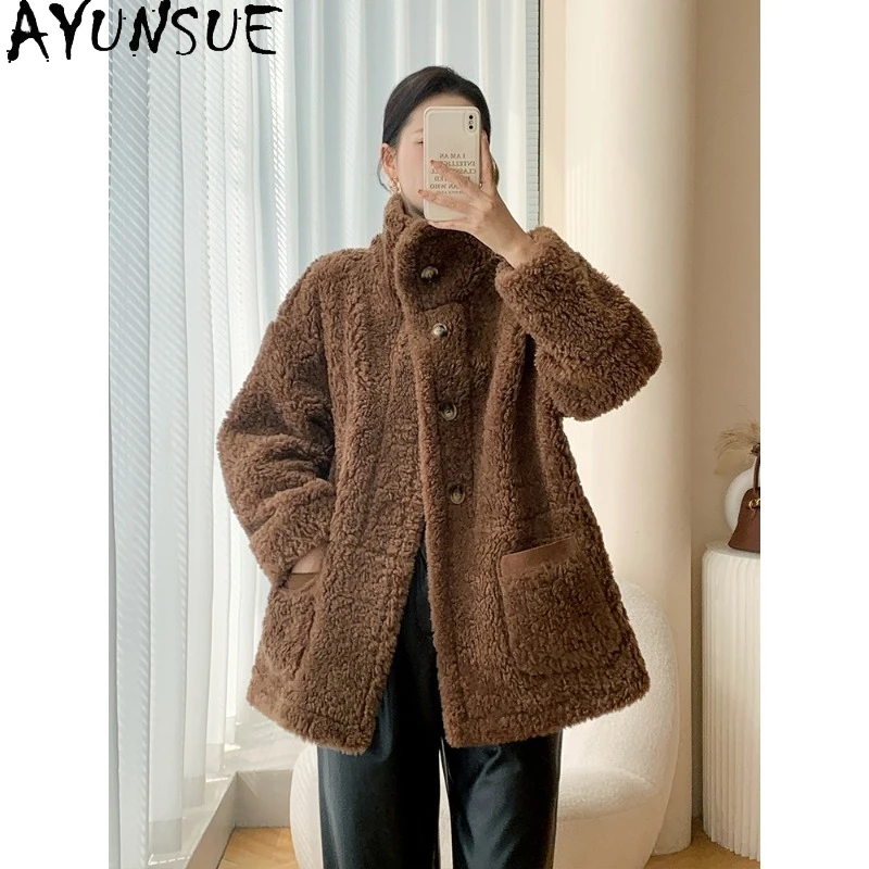 معطف صوف 100% من AYUNSUE للنساء عالي الجودة متوسط الطول سترة شتوية للسيدات معطف فرو قابل للعكس ملابس نسائية سترات دافئة
