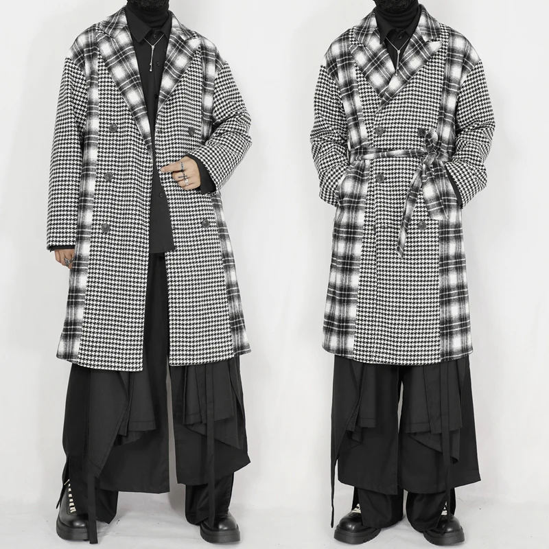 Autumn and winter new woolen coat men's long coat niche Korean version double breasted plaid lace up loose woolen coat