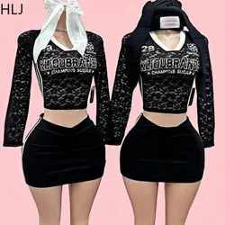 HLJ Fashion Y2K Lace See Though Print Two Piece Sets Women V Neck Long Sleeve Slim Top And Mini Skirts Outfits Spring Streetwear