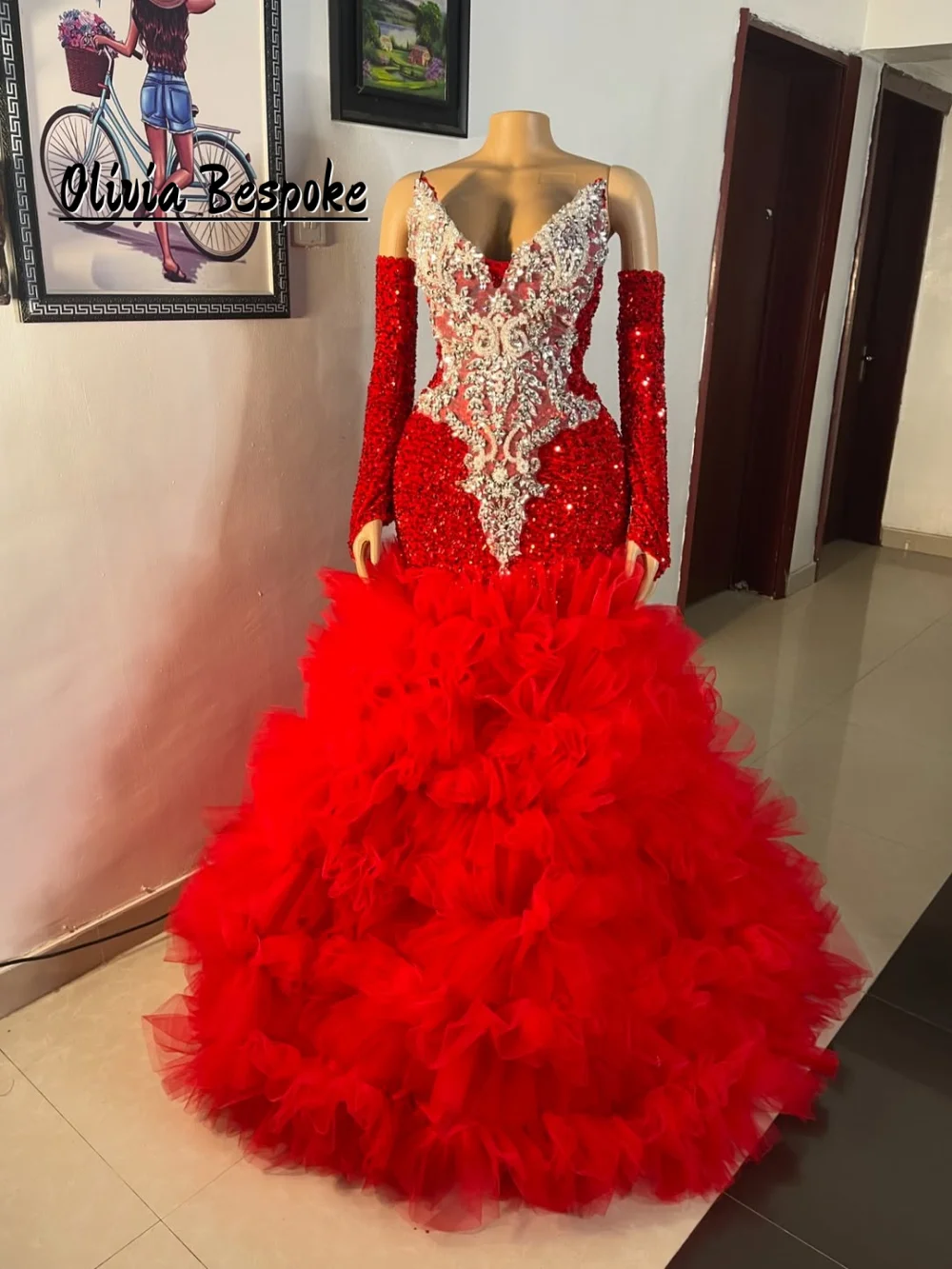 

Red Tulle Ruched Train Mermaid Prom Dresses Beading Diamonds Wedding Reception Gown Birthday Dress Vestidos De Noche Customized