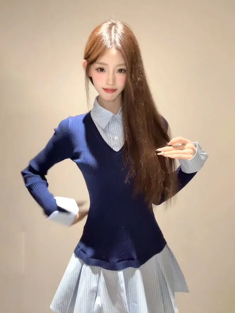 

Korean Sle irt Dr Women's Early Spring Miu Series Street Sle Slimming Pleated Skirt Fake Two-Piece Long Sve Strip...